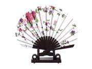 Unique Bargains Chinese Wedding Party Foral Wood Folding Hand Fan Coffee Color White w Holder