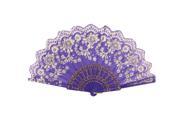 Unique Bargains Portable Glitter Gold Tone Detail White Floral Pattern Purple Folding Hand Fan