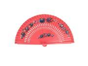 Unique Bargains Watermelon Red Manual Flower Printing Hollow Out Wood Folding Fan Hand Fan