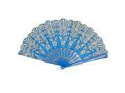 Unique Bargains Chinese Style Glitter Flower Pattern Dancing Party Nylon Folding Hand Fan Blue