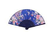 Home Bamboo Hollow Out Handle Mini Flower Print Handheld Hand Fan Dark Blue
