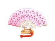Unique Bargains Chinese Knot Sequins Decor Plastic Ribs Folding Hand Fan Pink w Wood Base