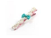 Unique Bargains Teal Bowtie Decor Plastic Beed Detail Spring Loaded Hairclip Barrette for Woman