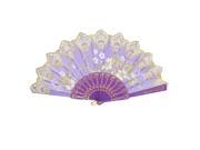 Women Carved Ribs Glittery Powder Decor Flower Pattern Folding Hand Fan Purple