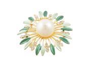 White Bead Center Two Tone Green Flower Rhinestne Broach Brooch