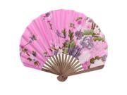 Party Decor Bamboo Frame Fabric Blooming Flower Pattern Folding Hand Fan Pink