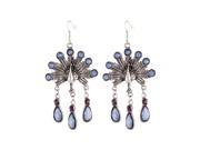 Pair Red Faceted Bead Peacock Decor Dangling Pendant Hook Earring Silver Tone