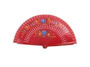 Bamboo Frame Floral Pattern Hollow Out Folding Hand Fan 23cm Length Red