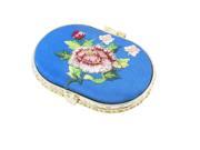 Unique Bargains Oval Shape Embroidered Flower Pattern Mini Pocket Makeup Cosmetic Mirror Blue