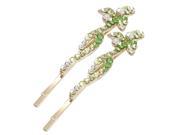 Unique Bargains Pairs Lady Green Plastic Crystal Inlay Flower Detail Copper Tone Clip Hairclip
