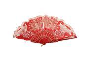 Hollow Out D Ring Decor Handle 3 Peacocks Printed Foldable Hand Fan Red