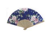 Summer Brown Bamboo Frame Flower Printed Fabric Foldable Pocket Hand Fan Blue
