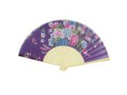 Chinese Style Bamboo Ribs Fabric Flower Print Folding Hand Fan Purple