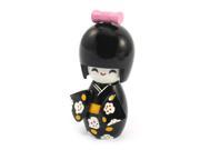 Unique Bargains Desktop Table Craft Black Smiling Girl Japanese Style Wooden Puppet Doll Toy
