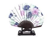 Unique Bargains Chinese Wedding Party Favor Floral Wood Folding Hand Fan Blue Pink w Holder