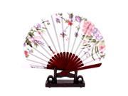 Chinese Bamboo White Floral Folding Hand Fan w Display Holder