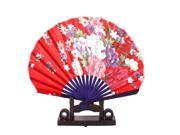 Unique Bargains Chinese Ink Painting Peony Floral Wood Folding Hand Fan Red w Display Holder