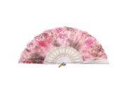 Glittery Powder Accent Chinese Style Rose Print Folding Hand Fan Pink