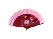 Unique Bargains Party Lotus Pattern Nylon Bamboo Frame Folding Hand Fan Gift Decor Burgundy Pink