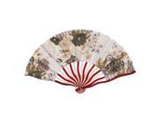 Unique Bargains Peony Flower Print Ivory Red Wood Frame Beige Fabric Cloth Collapsible Hand Fan
