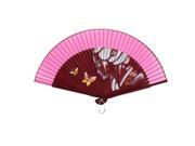 Unique Bargains Lady Print Fabric Wood Frame Printing Folding Hand Fan Pink Dark Red