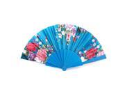Wedding Party Floral Pattern Plastic Frame Fabric Cover Foldable Hand Fan Blue