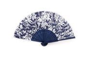 Flower Pattern Hollow Out Design Bamboo Frame Fabric Cover Folding Hand Fan Blue