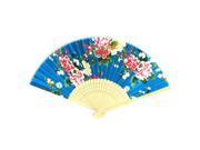 Beige Bamboo Ribs Collapsible Multicolors Flowers Print Blue Cloth Hand Fan