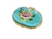 Unique Bargains Woman Cyan Embroidered Flower Decor Oval Shaped Cosmetic Mirror