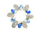 Glittery Rhinestone Blue Leaves Floral Safety Pin Brooch Broach Gold Tone