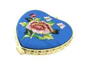 Unique Bargains Heart Shape Embroidered Flower Pattern Mini Pocket Makeup Cosmetic Mirror Blue