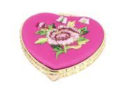 Silk Embroider Heart Shape Folding Pocket Makeup Cosmetic Mirror Fuchsia