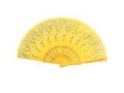 Unique Bargains Empaistic Plastic Rib Gold Tone White Floral Printed Nylon Folding Hand Fan