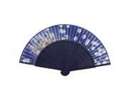 Unique Bargains Orchid Printed Dark Blue Silk Blade Bamboo Ribs Folding Hand Fan