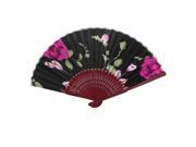 Burgundy Wood Hollow Out Style Frame Floral Pattern Fabric Foldable Hand Fan