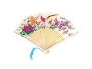 Unique Bargains Chinese Style Bamboo Ribs Fabric Flower Print Folding Hand Fan White Beige