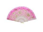 Unique Bargains Gold Tone Carving Inlaid White Hollow Frame Pink Organza Folding Dancing Fan