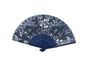 Flower Folding Bamboo Cloth Dark Blue Hand Fan for Lady
