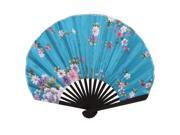 Unique Bargains Bamboo Ribs Flower Pattern Silky Section Foldable Craft Hand Fan Teal Blue Black