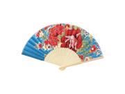 Bamboo Hollow Ribs Red Blooming Flowers Print Folding Handing Hand Fan Blue