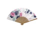 Wood Frame Flower Pattern Oriental Summer Dancing Folding Hand Fan White Beige