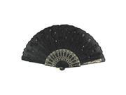 Unique Bargains Portable Metal Hanging D Ring Stitching Flowers Inlaid Craft Hand Fan Black