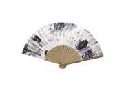 Wood Frame Flower Pattern Oriental Summer Dancing Folding Hand Fan White Gray