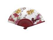 Burgundy Wood Hollow Out Design Frame Flower Pattern Fabric Foldable Hand Fan