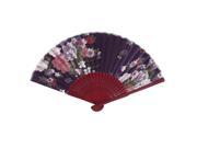Women Summer Wooden Ribs Flower Pattern Fabric Folding Hand Fan Purple