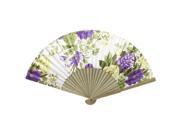 Unique Bargains Flower Pattern Bamboo Ribs Folding Hand Fan White Purple Beige