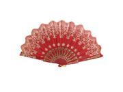Unique Bargains Chinese Japanese Glitter Floral Prints Fabric Folding Dancing Hand Fan Red
