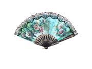 Unique Bargains Portable Fuchsia Flowers Pattern Gold Tone Embossed Ribs Hand Fan