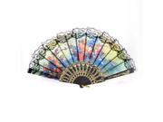 Unique Bargains Gold Tone Pattern Frame Peony Flower Pattern Nylon Section Hand Fan