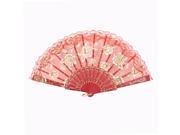 Unique Bargains U Ring Gold Tone Flower Carved Plastic Hollow Out Rib Folded Hand Fan Red